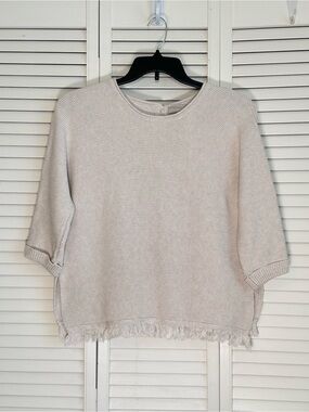 Wrap London Sweater Cardigan Fringe Hem Button Back 3/4 Sleeve Size US 10 Ivory